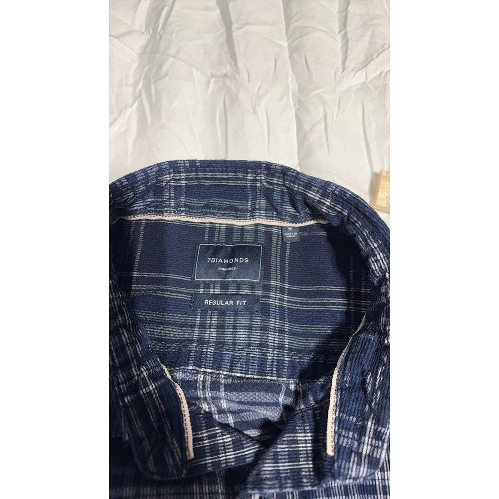 7Diamonds Mens Regular Fit Plaid Corduroy Shirt Blue Long Sleeve Size M